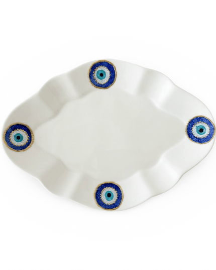 Ghayma scalloped oval white porcelain dessert plate hand-painted with blue and gold evil eyes