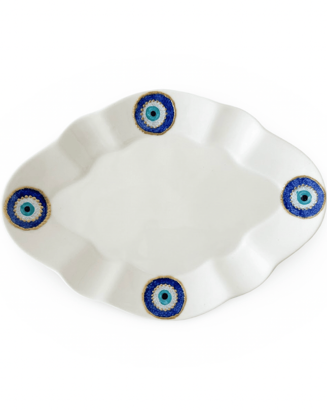 Ghayma scalloped oval white porcelain dessert plate hand-painted with blue and gold evil eyes