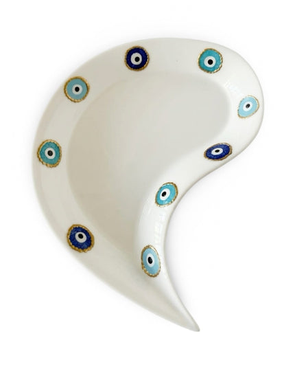 Hilal hand-painted crescent-shaped porcelain dessert plate with blue and turquoise evil eyes on a white glaze