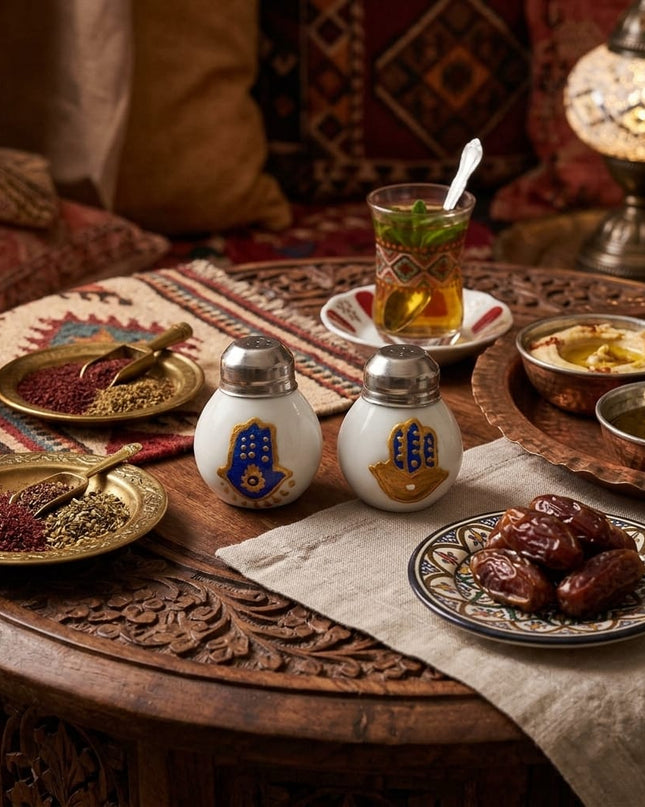 Casa Duniya Hand-Painted Hamsa Salt & Pepper Shakers on a Table with an Assortment of Food Fatima Salt and Pepper Shakers
