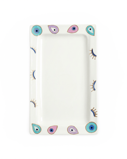 Rangeela white porcelain rectangular serving platter with hand-painted multi-colored evil eyes and eyelashes