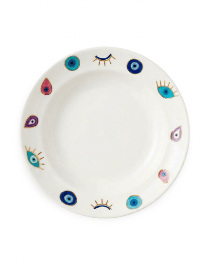 Rangeela white porcelain round serving platter with hand-painted multi-colored evil eyes and eyelashes