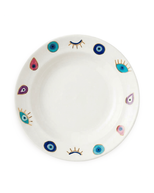 Rangeela white porcelain round serving platter with hand-painted multi-colored evil eyes and eyelashes
