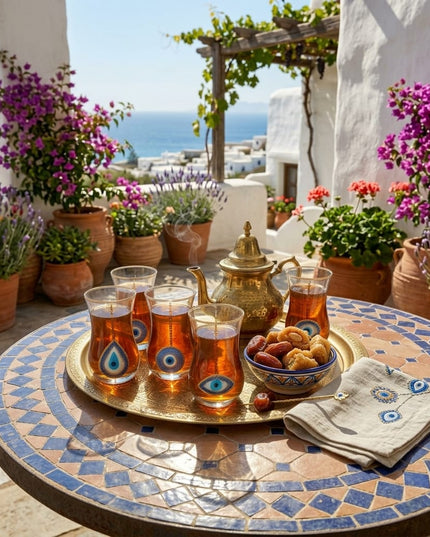 Set of six Neela hand-painted glass tea glasses with blue evil eyes, Casa Duniya