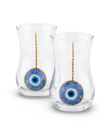 Neela Evil Eye Tea Glass Set styled for serving tea, Casa Duniya