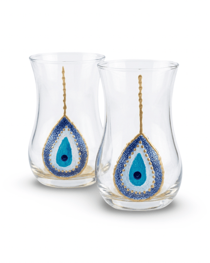 Neela tea glasses with handles, hand-painted blue evil eyes in round, oval and pear shapes