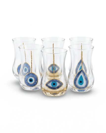 Neela Evil Eye Tea Glass Set of 6, hand-painted clear glass tea glasses with blue evil eyes, Casa Duniya