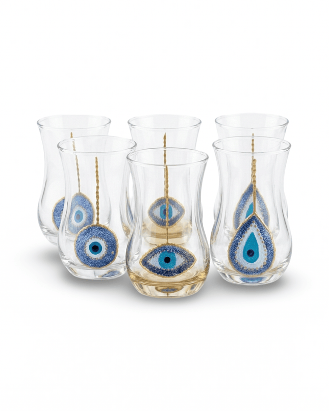 Neela Evil Eye Tea Glass Set of 6, hand-painted clear glass tea glasses with blue evil eyes, Casa Duniya