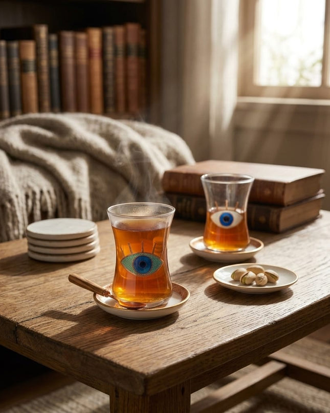 Maya Evil Eye Tea Set of four glass teacups and ceramic saucers hand-painted with white and turquoise evil eyes