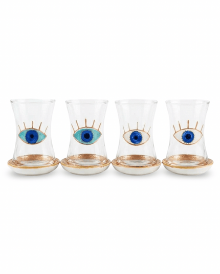 Maya Evil Eye Tea Set: four hand-painted glass teacups with ceramic saucers, two with white evil eyes and two with turquoise