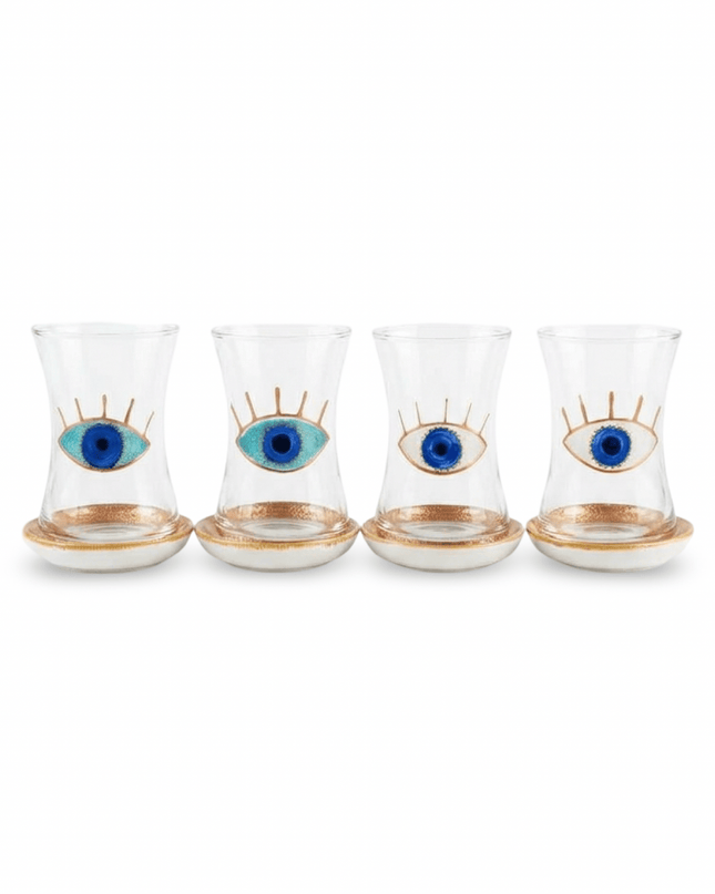 Maya Evil Eye Tea Set: four hand-painted glass teacups with ceramic saucers, two with white evil eyes and two with turquoise