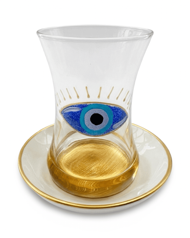 Hannah Teacups set of 6, hand-painted evil eye teacups and saucers, Casa Duniya