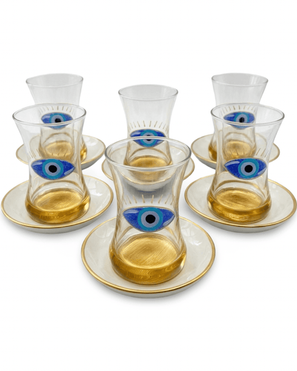 Hannah hand-painted evil eye teacup and saucer, made by artisans in Jordan
