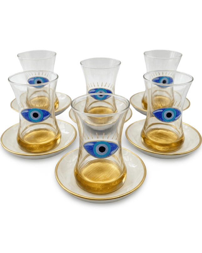 Hannah hand-painted evil eye teacup and saucer, made by artisans in Jordan