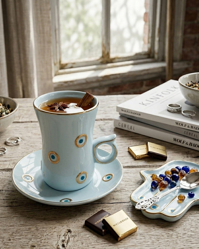 Casa Duniya Hand-Painted Evil Eye Teacup Set Layan Teacups (set of 6)