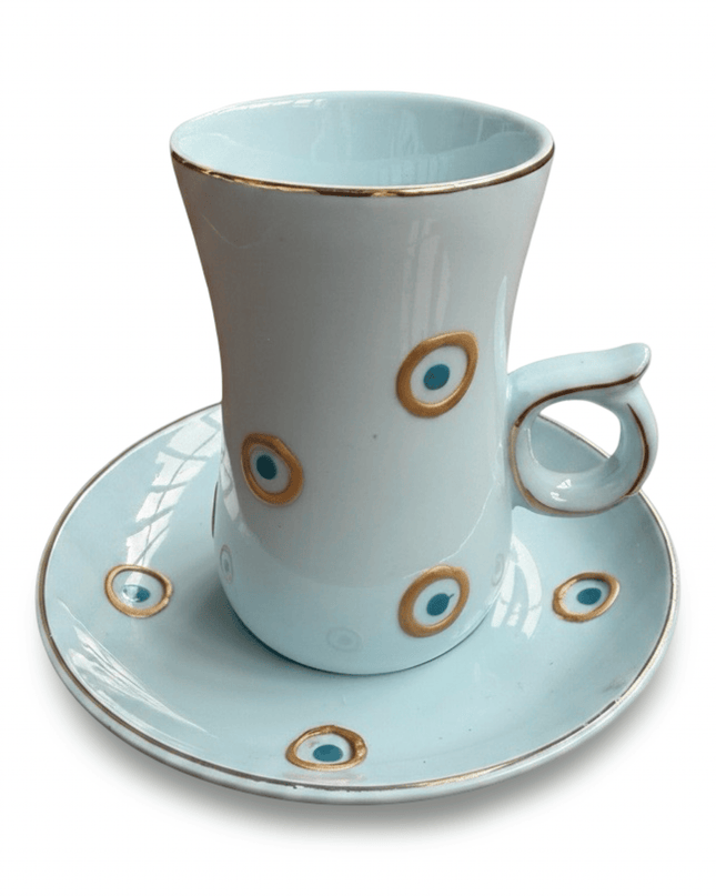 Casa Duniya Hand-Painted Evil Eye Teacup Set Light Blue Layan Teacups (set of 6)
