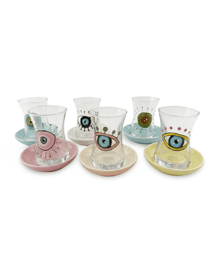 Casa Duniya Hand-Painted Multicolor Evil Eye Teacup Set with Saucers, Rafi Teacups (Set of 6)