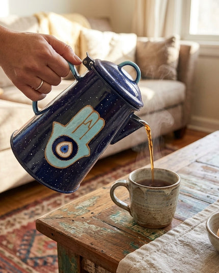 Hand-painted hamsa evil eye metal teapot pouring tea in a living room, Metal Fatima Teapots