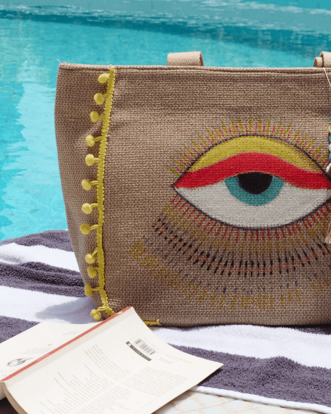 Casa Duniya Hand-Painted Evil Eye Tote Bag Antalya Evil Eye Canvas Beach Bag