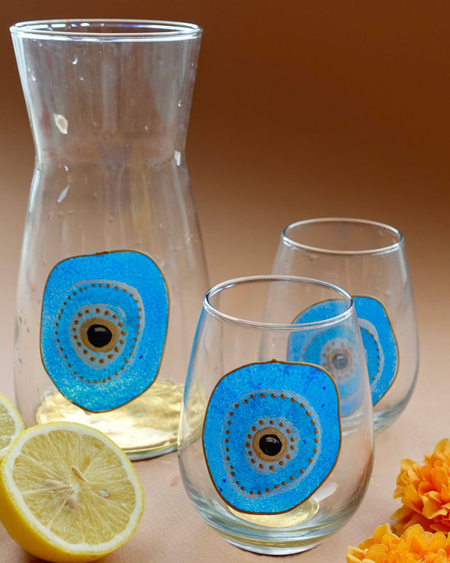 Hand-Painted Evil Eye Water Carafe and Glasses