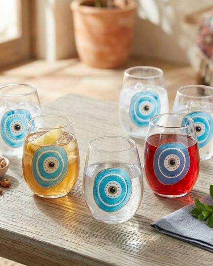 Aliya hand-painted evil eye water glasses filled with juice and iced drinks on a wooden table
