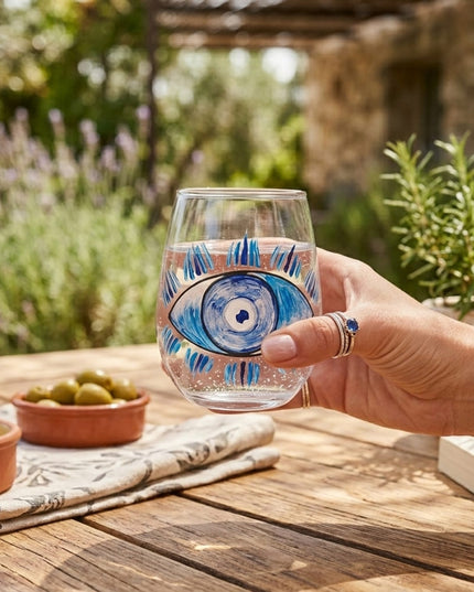 Casa Duniya Hand-Painted Cobalt Blue Evil Eye Water Glasses Styled Maryam Water Glasses (set of 6)
