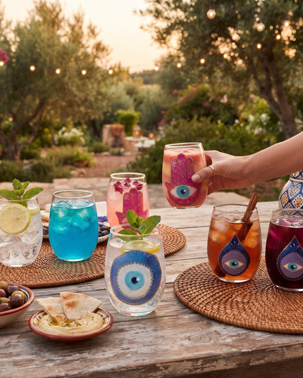 Hana water glasses with different drinks outdoors on a wooden table, a hand holding one glass