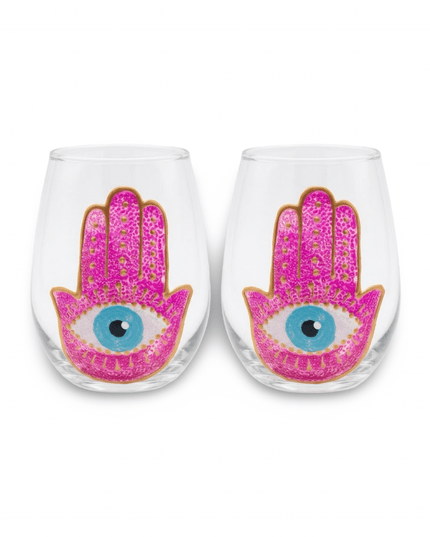 Two Hana hand-painted evil eye and hamsa water glasses, design 3 of 3