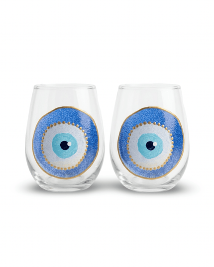 Two Hana hand-painted evil eye and hamsa water glasses, design 2 of 3