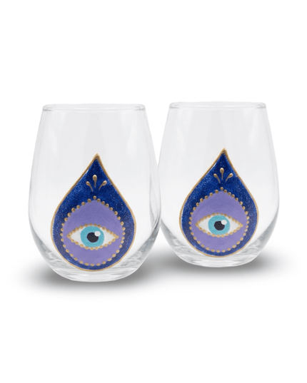 Two Hana hand-painted evil eye and hamsa water glasses, design 1 of 3