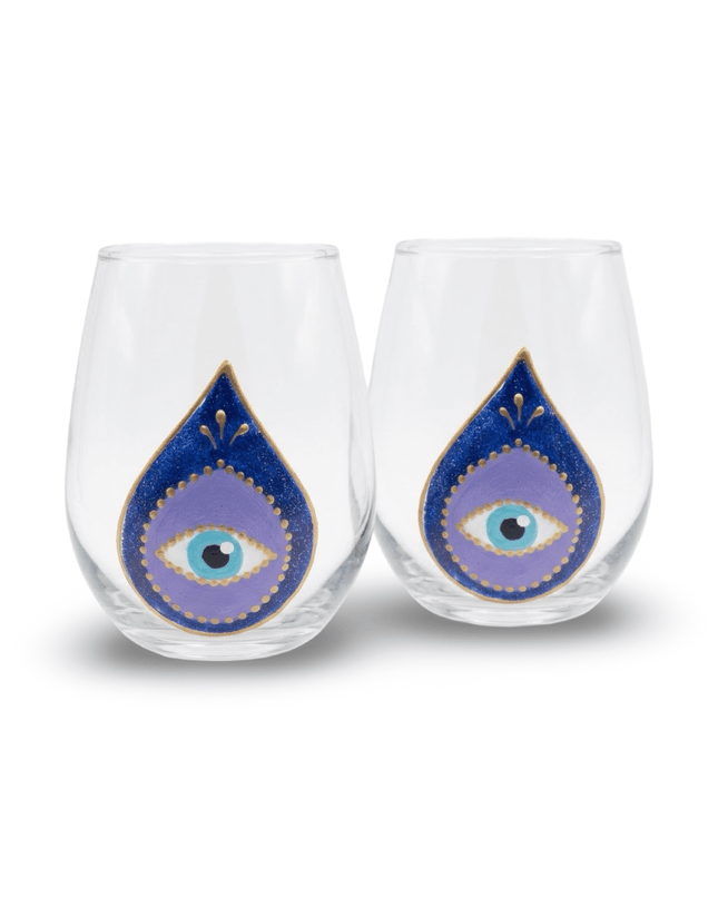 Two Hana hand-painted evil eye and hamsa water glasses, design 1 of 3