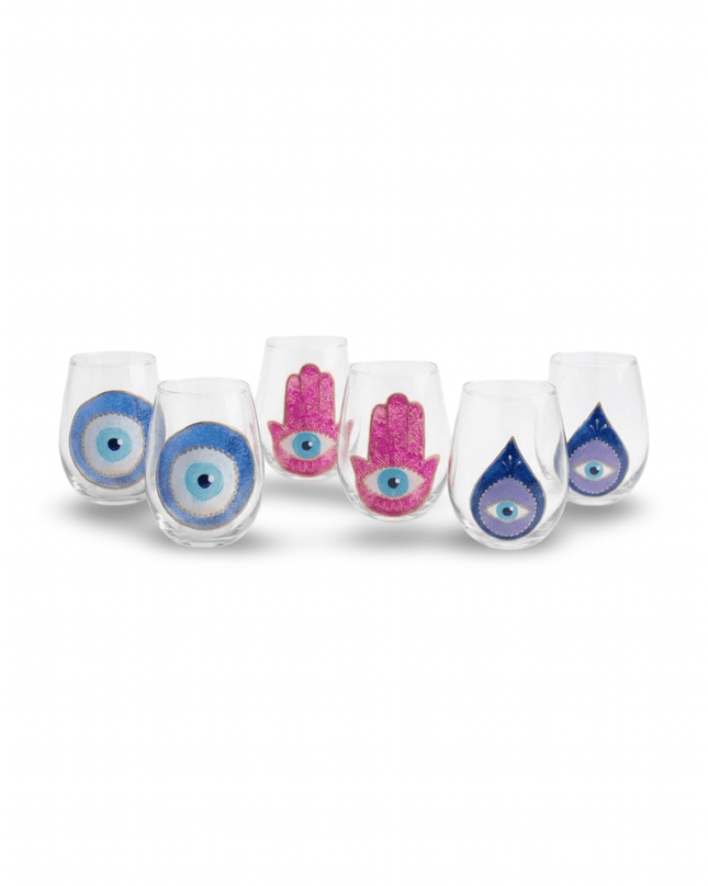 Hana set of 6 hand-painted evil eye and hamsa water glasses in purple, blue and red