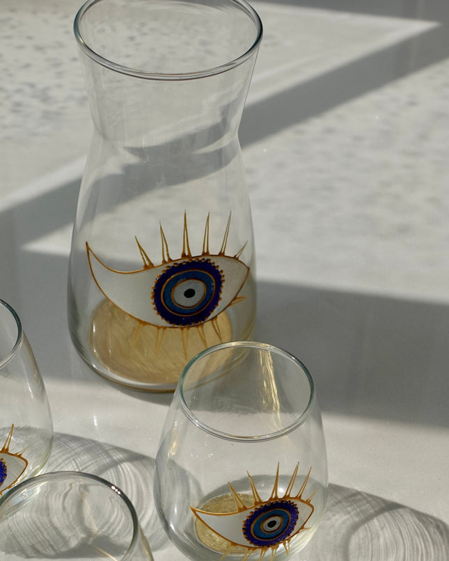 Hand-Painted Evil Eye Carafe and Water Glasses