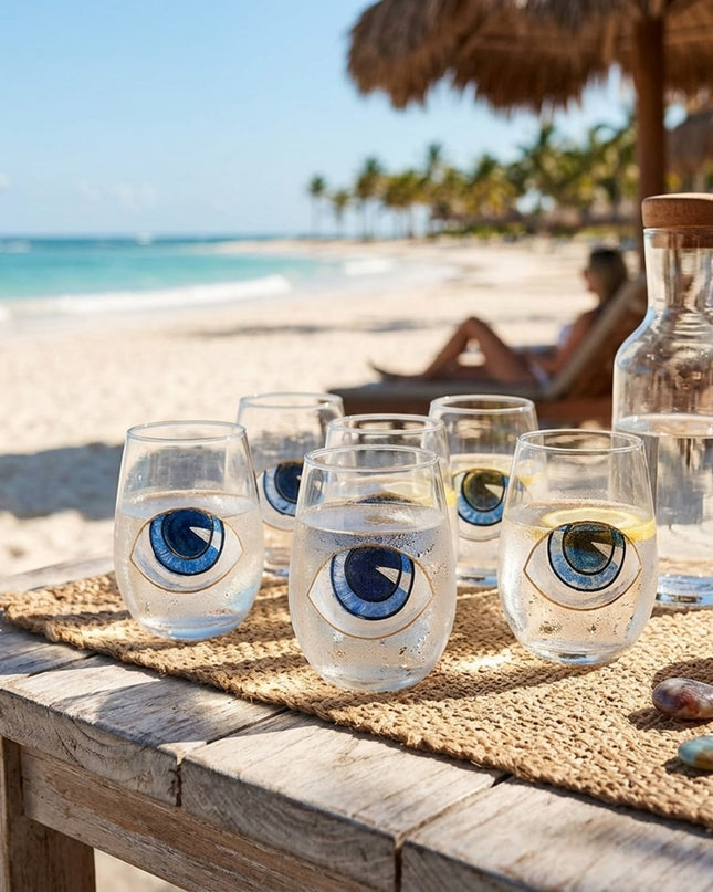 Casa Duniya Hand-Painted Blue Evil Eye Water Glasses Set Pari Water Glasses (set of 6)