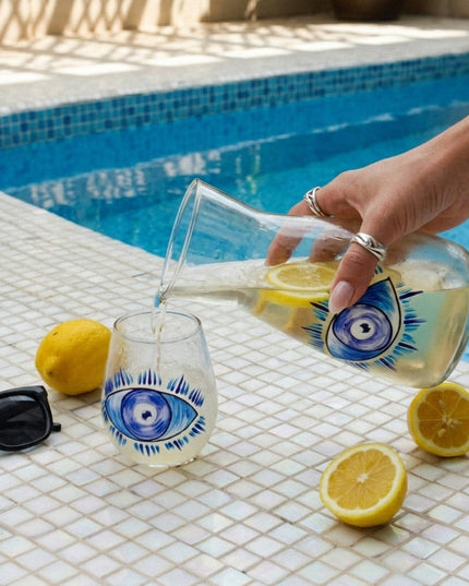 Casa Duniya Hand-Painted Cobalt Blue Evil Eye Water Carafe Styled Maryam Water Carafe