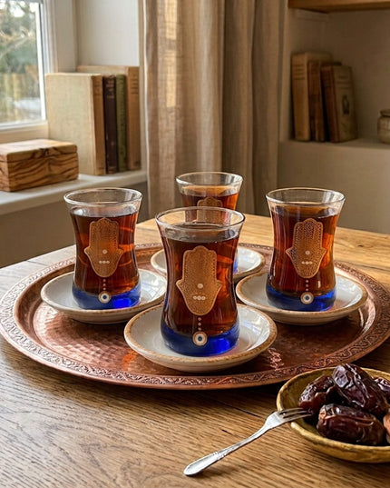 Casa Duniya Hand-Painted Hamsa Evil Eye Tea Set in Blue & Gold Styled Hamsa Teacups (Set of 6)