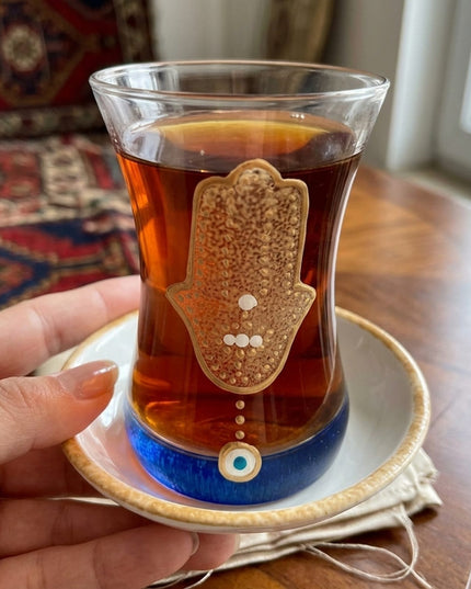 Casa Duniya Hand-Painted Hamsa Evil Eye Tea Set in Blue & Gold Cup and Saucer Hamsa Teacups (Set of 6)