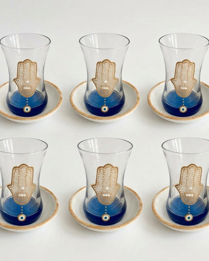 Casa Duniya Hand-Painted Hamsa Evil Eye Tea Set in Blue & Gold Detail Hamsa Teacups (Set of 6)