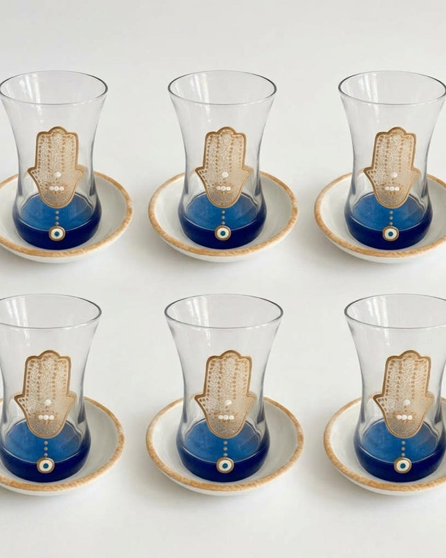 Casa Duniya Hand-Painted Hamsa Evil Eye Tea Set in Blue & Gold Detail Hamsa Teacups (Set of 6)