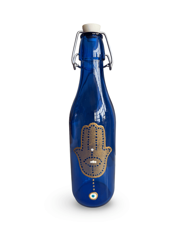 Casa Duniya Hand-Painted Hamsa Water Bottle Blue Colorful Evil Eye Swing-Top Water Bottles