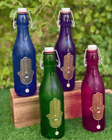 Casa Duniya Hand-Painted Hamsa Evil Eye Swing-Top Water Bottle Colorful Evil Eye Swing-Top Water Bottles