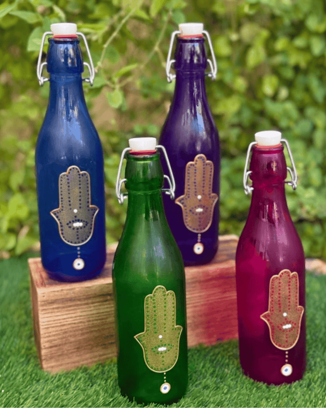 Casa Duniya Hand-Painted Hamsa Water Bottle Colorful Evil Eye Swing-Top Water Bottles