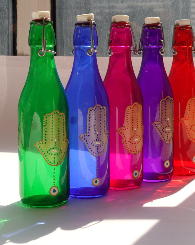 Casa Duniya Hand-Painted Hamsa Water Bottle Colorful Evil Eye Swing-Top Water Bottles