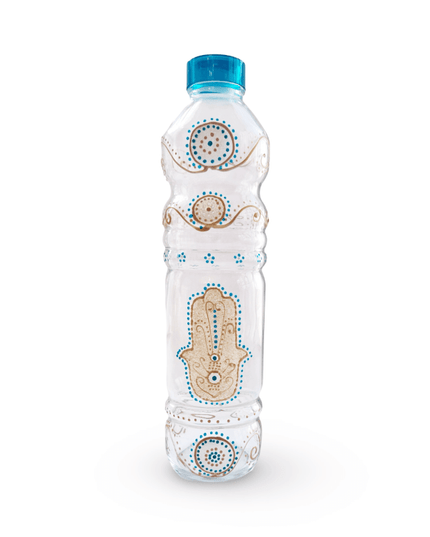 Hand-Painted Water Bottle with Gold Hamsa Fatima Evil Eye