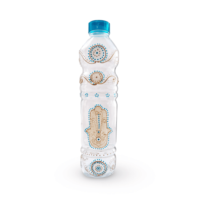 Hand-Painted Water Bottle with Gold Hamsa Fatima Evil Eye
