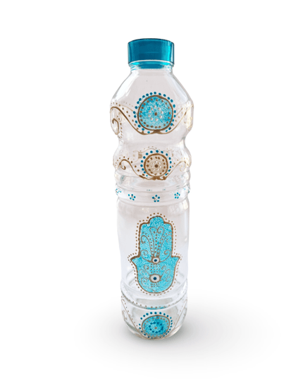 Hand-Painted Water Bottle with Turquoise Hamsa Fatima Evil Eye