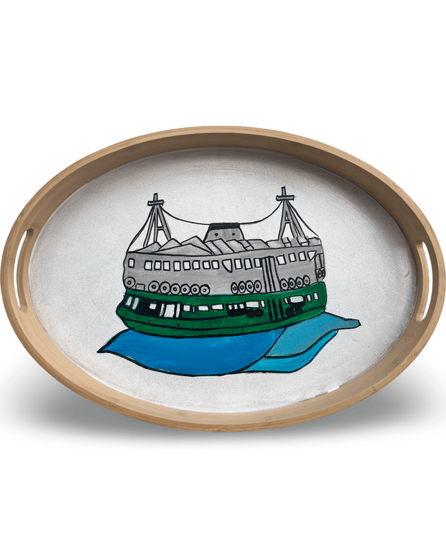 Hand-Painted Wooden Oval Tray with Hong Kong Star Ferry