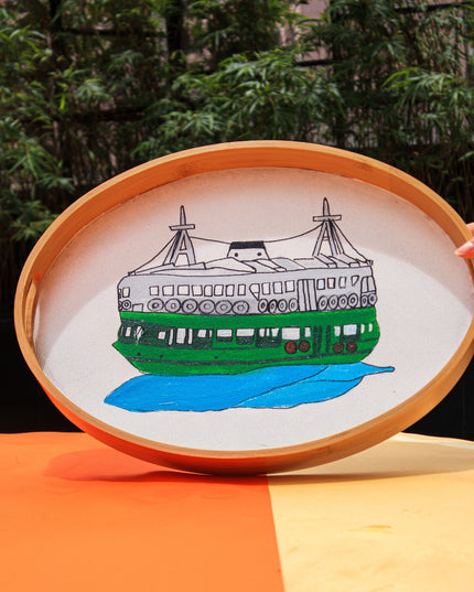 Hand-Painted Oval Tray of the iconic HK Star Ferry on an orange and yellow background with greenery in the background
