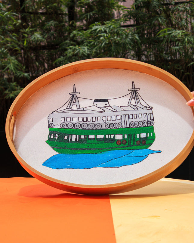 Hand-Painted Oval Tray of the iconic HK Star Ferry on an orange and yellow background with greenery in the background
