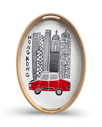 Hand-Painted Wooden Oval Tray with Hong Kong Red Taxi and Skyline